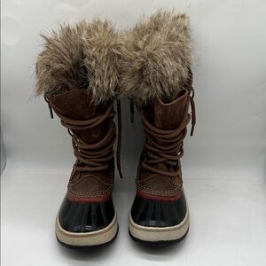Sorel Winter Snow Boots Womens 7 Joan of Arctic Tall Brown Black Red Faux Fur